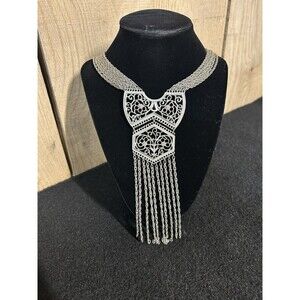 Vintage Multi-Strand Silver Tone Necklace Filigree Panels Floral ChainTassel 381